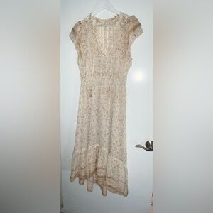 Love Stitch Boho Ruffled v-neck Gold Metallic Romantic Dress Size L Large